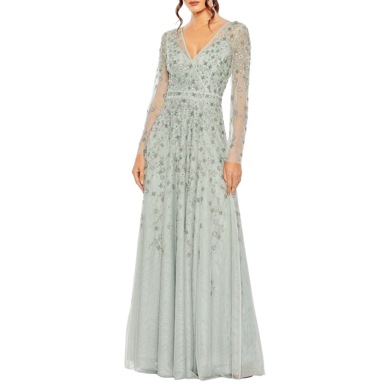 Mac Duggal 9131 Embellished Wrap Over Illusion Long Sleeve Gown Size 10 $798